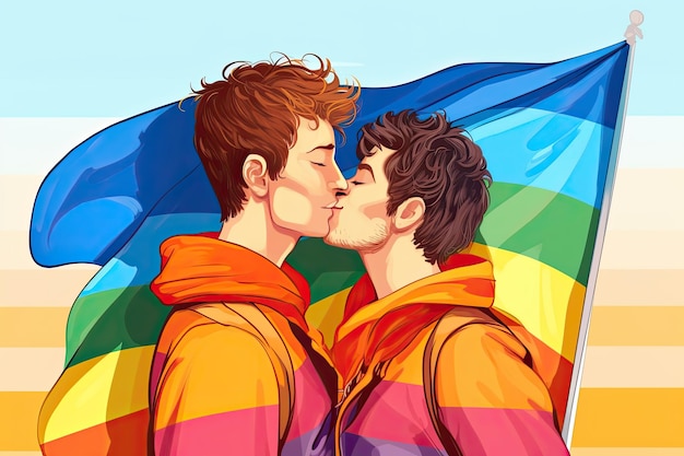 Ilustración pareja gay LGBTQ besándose dos hombres besándose bandera LGBT mes del orgullo amor de San Valentín