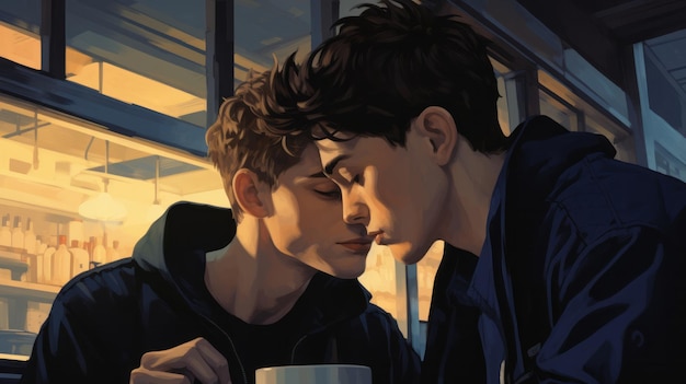 Ilustración de una pareja de hombres homosexuales a punto de besarse en una cafetería