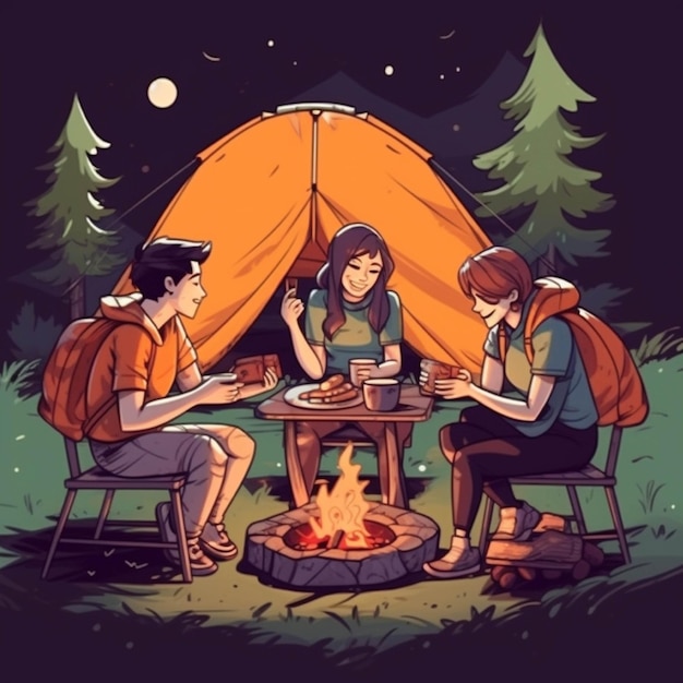 Ilustración de una pareja joven acampando cerca de una fogata en la noche