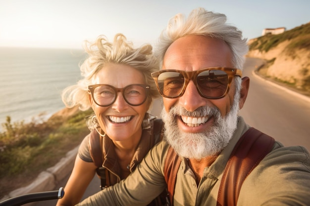 Ilustración de una pareja de mayores maduros en motocicleta al estilo de una selfie