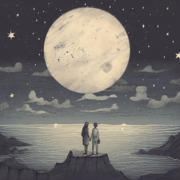 Ilustración de una pareja y una vista de luna llena