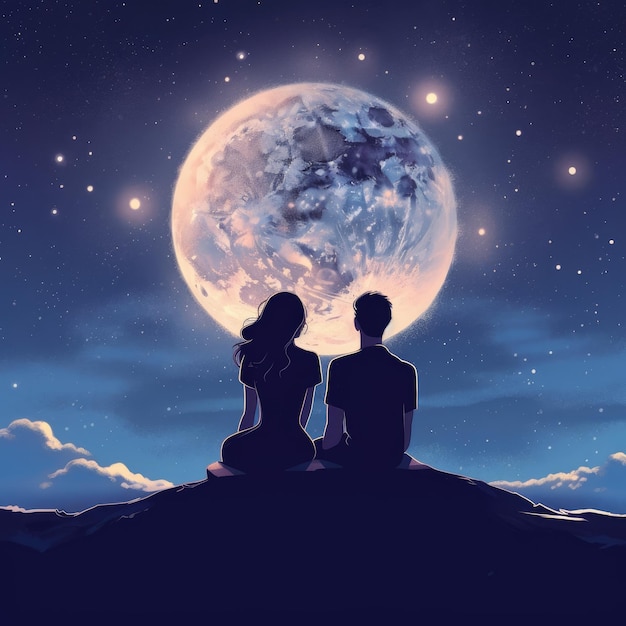 Ilustración de una pareja y una vista de luna llena