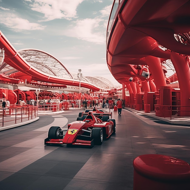 Ilustración del parque temático Ferrari World tomada en un retrato de Fuji