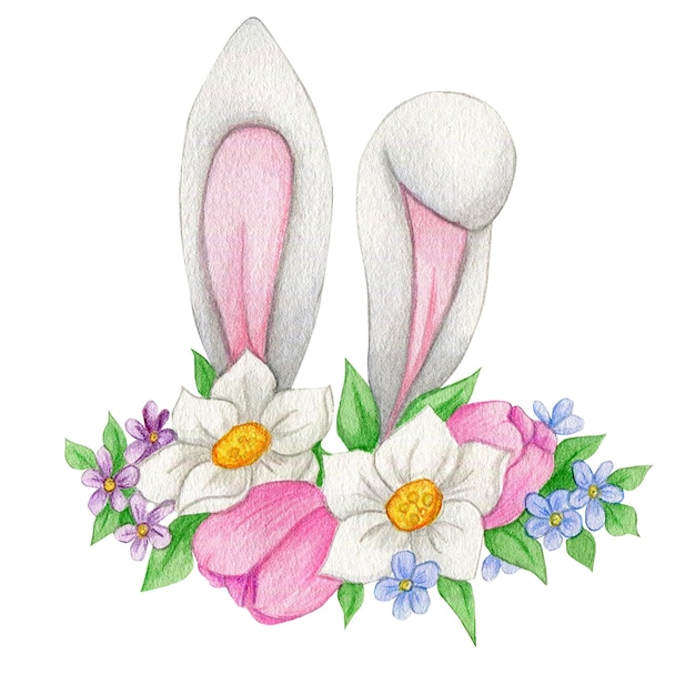 Ilustración de pascua de orejas de conejo y flores.