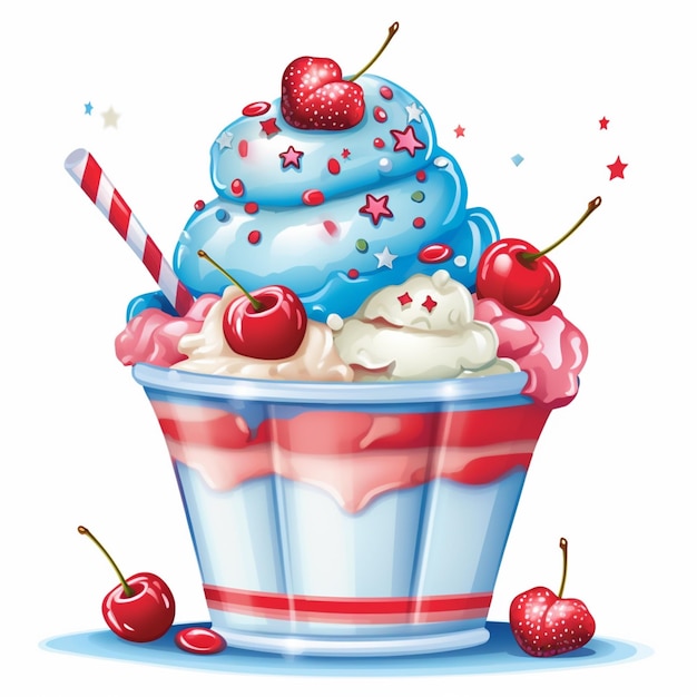 ilustración de un pastel con aderezos de cereza y crema batida generativa ai