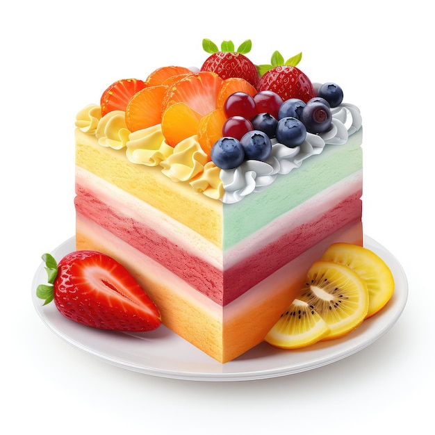 Ilustración de pastel de arcoíris con frutas coloridas.