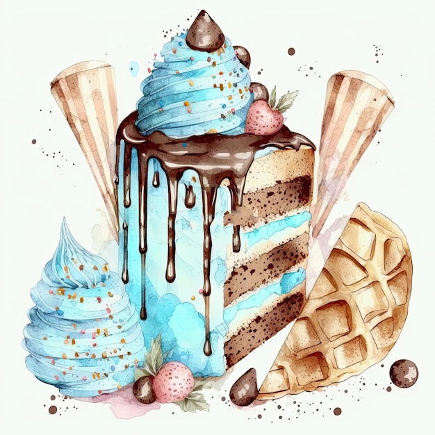 Ilustración de pastel de cumpleaños de acuarela AI Generativo