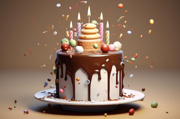 Ilustración de pastel de cumpleaños en estilo mezclador 3D de un solo color