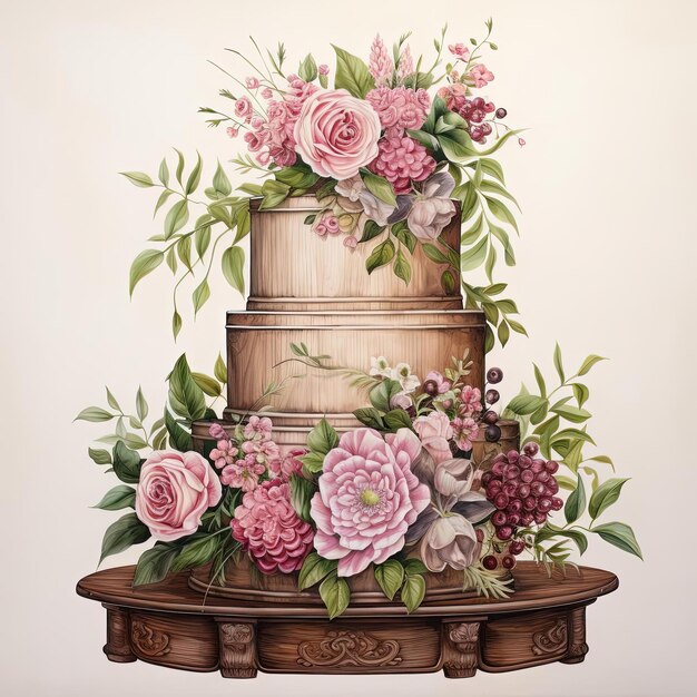 Foto una ilustración de un pastel escalonado con flores rosadas en la parte superior en el estilo de un escultor de madera