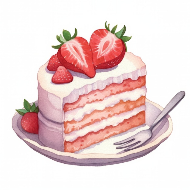 Ilustración de un pastel de fresa con un tenedor en un plato blanco