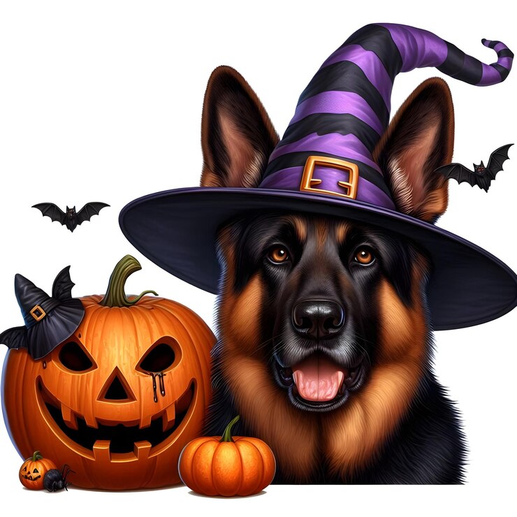 Ilustración del pastor alemán de Halloween aislada sobre un fondo blanco