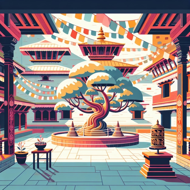 Ilustración de un patio pacífico dentro de un templo nepalí con un árbol Bodhi revoloteando