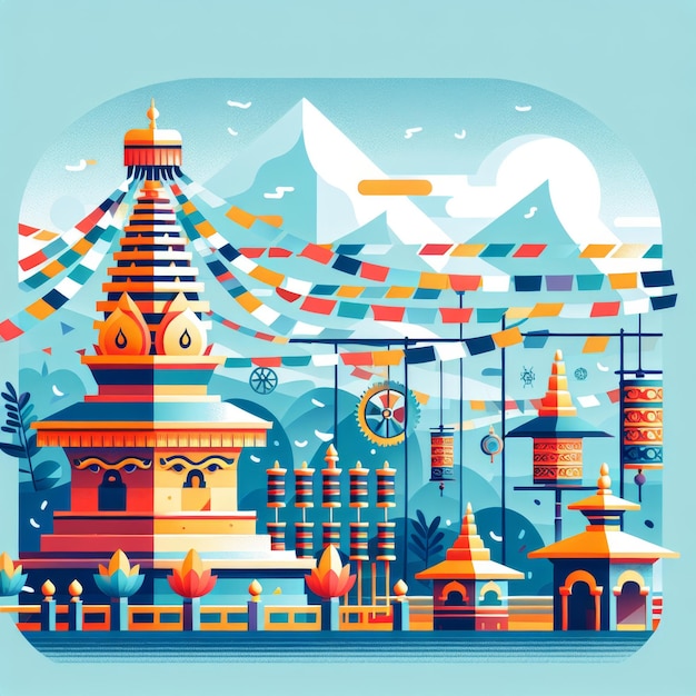 Ilustración de un patio pacífico dentro de un templo nepalí con un árbol Bodhi revoloteando