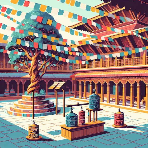 Ilustración de un patio pacífico dentro de un templo nepalí con un árbol Bodhi revoloteando