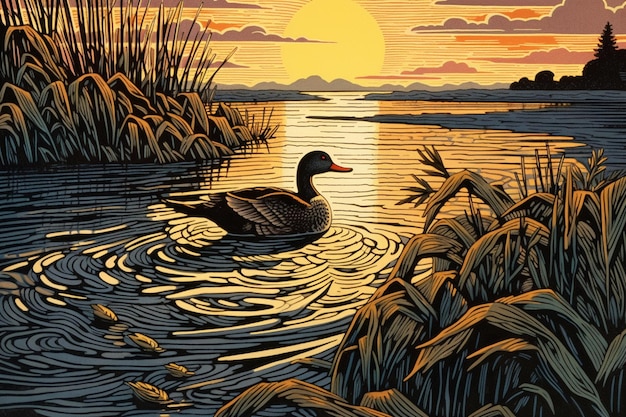 Ilustración de un pato nadando en un lago al atardecer