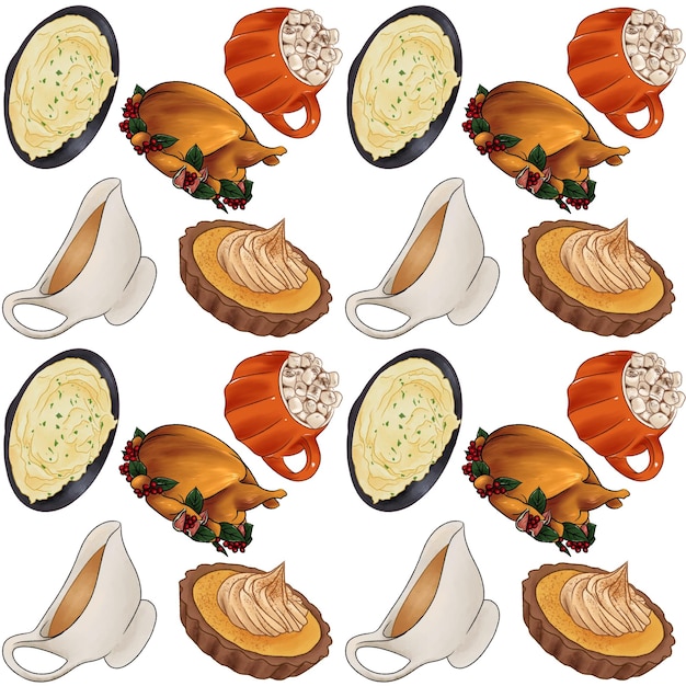 Ilustración de patrón de comida tradicional de Acción de Gracias en fondo blanco