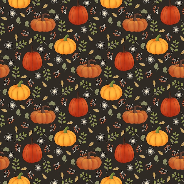 Ilustración de patrón otoñal con hojas de calabaza. Bonito patrón o motivo de temporada de otoño