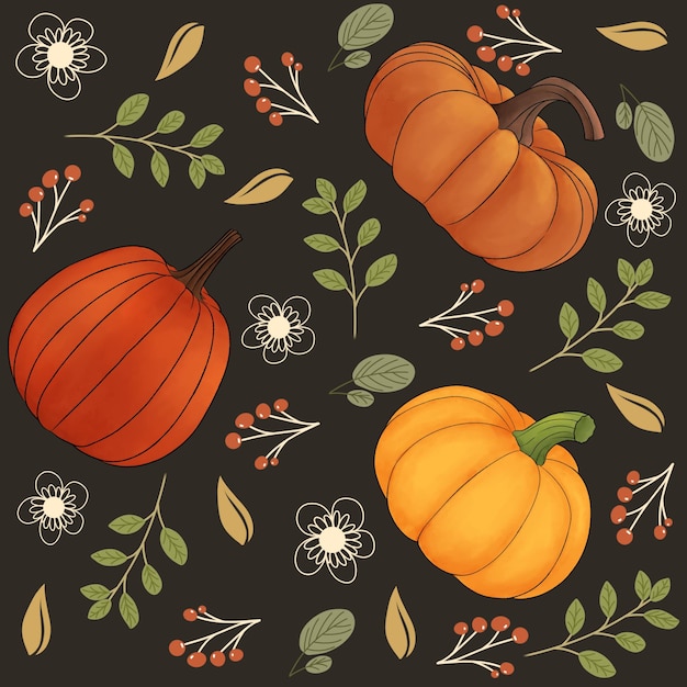 Ilustración de patrón otoñal con hojas de calabaza. Bonito patrón o motivo de temporada de otoño