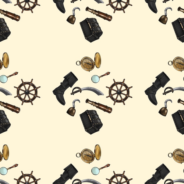 Ilustración de patrón pirata en fondo beige Patrones y temas de fantasía para tela de papel tapiz