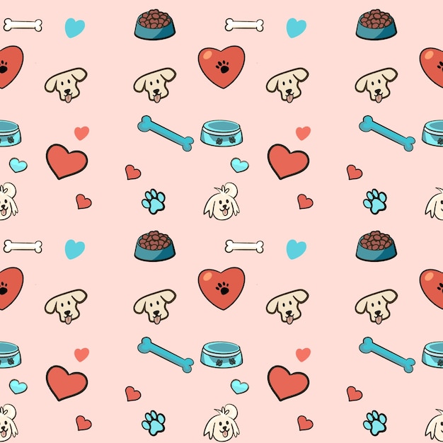 Ilustración de patrones sin costuras de perros divertidos corazones hermosos