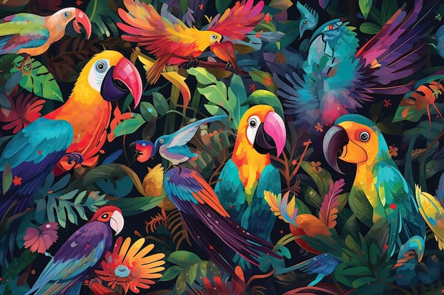 Ilustración de patrones sin fisuras con aves y plantas tropicales