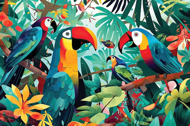 Ilustración de patrones sin fisuras con aves y plantas tropicales