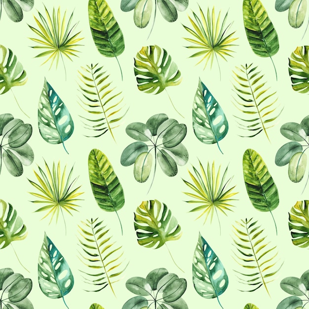 Ilustración de patrones sin fisuras dibujado por acuarela exóticas hojas verdes tropicales