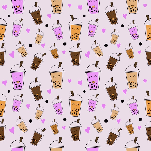 Ilustración de patrones sin fisuras dibujos animados lindo hielo leche té burbuja y boba en la taza, fondo de pantalla y fondo