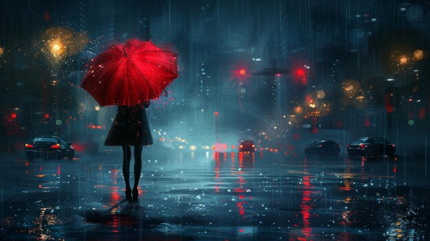 Ilustración de un peatón con un paraguas rojo en una noche de lluvia