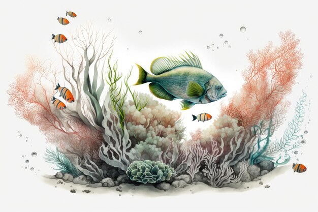 Ilustración de peces y corales sobre fondo blanco estilo de pintura AI generativa