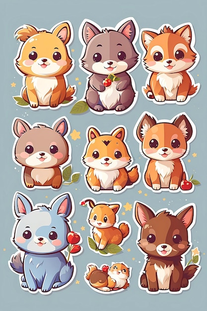 Ilustración de pegatinas vectoriales de animales lindos de Kawai por Generate AI