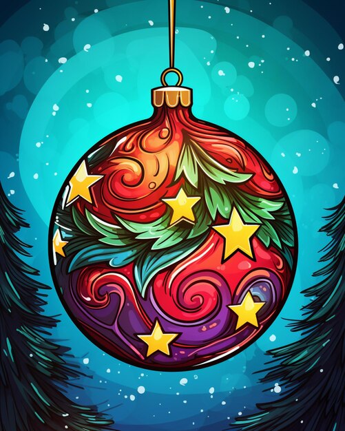 Foto ilustración de una pelota de navidad con estrellas y remolinos colgando de un árbol generativo ai