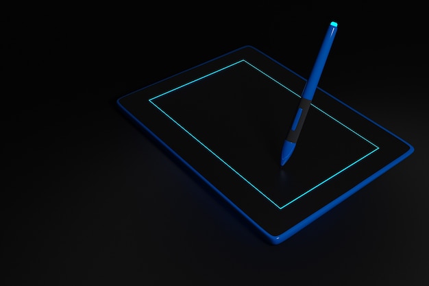 Foto ilustración pen tablet. dispositivo de diseño de oficina electrónica. maqueta estilo realista de tableta negra con lápiz.