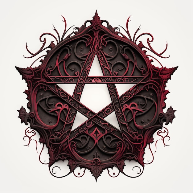 Foto ilustración de un pentagrama gótico negro y rojo oscuro palet gótico colores profundos fondo blanco