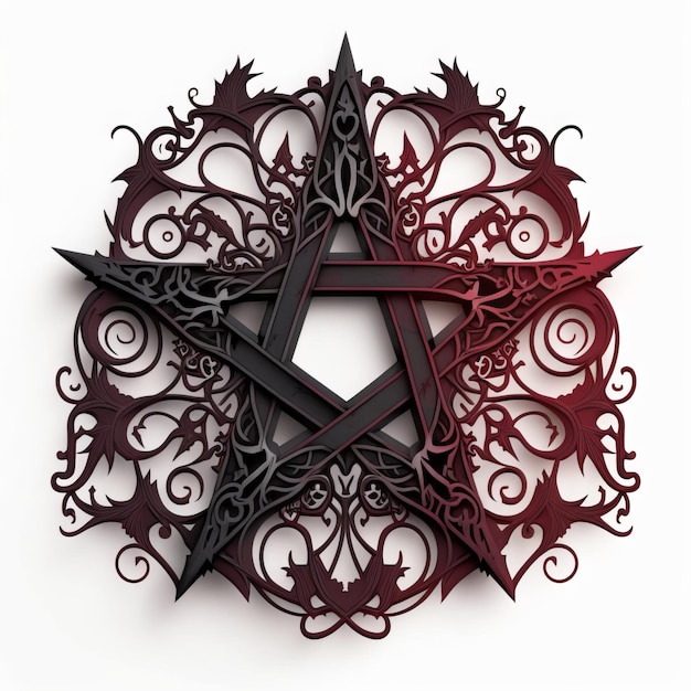 Foto ilustración de un pentagrama gótico negro y rojo oscuro palet gótico colores profundos fondo blanco