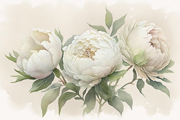 Ilustración de peonías blancas acuarela sobre fondo blanco