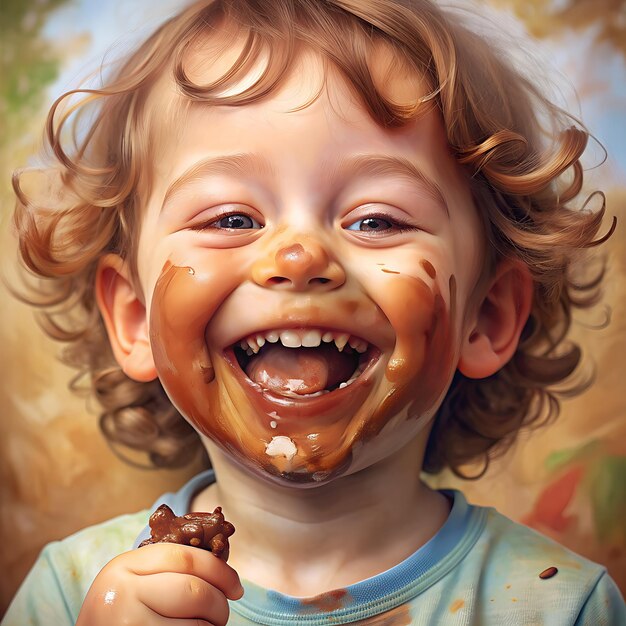 Foto ilustración de una pequeña cara de niño feliz cubierta de marcas de chocolate