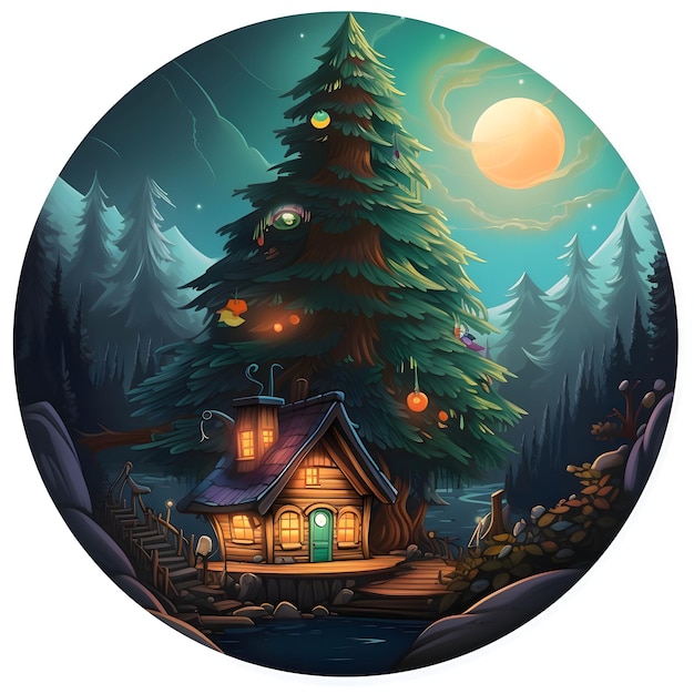 Ilustración de una pequeña casa de madera y un gran árbol de Navidad en un círculo de árbol blanco de Navidad como símbolo de la Navidad del nacimiento del Salvador