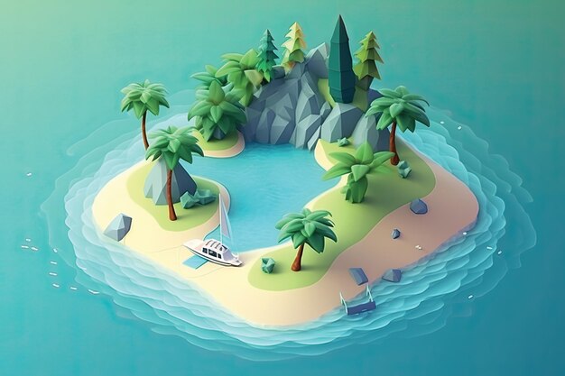 Ilustración de una pequeña isla en la representación 3d del océano