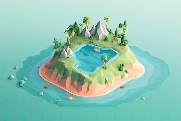 Ilustración de una pequeña isla en la representación 3d del océano