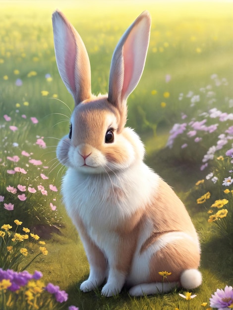 Ilustración de un pequeño conejo en un prado de primavera IA generativa
