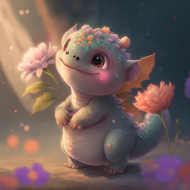 Ilustración pequeño dragón sentado con flores estilo infantil cuento de hadas AI generativa