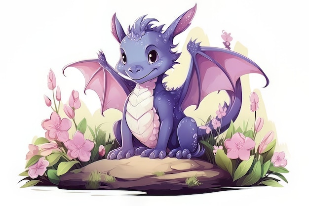 Ilustración pequeño dragón sentado con flores.