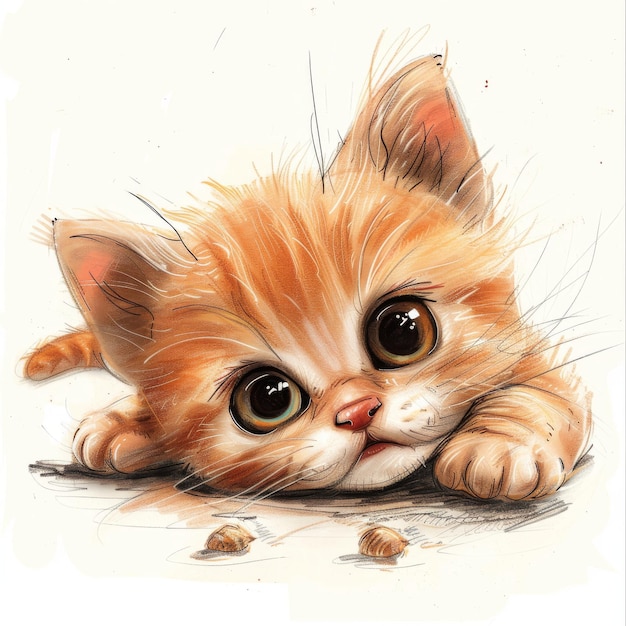 Ilustración de un pequeño gatito lindo tendido en el suelo y mirando a la cámara