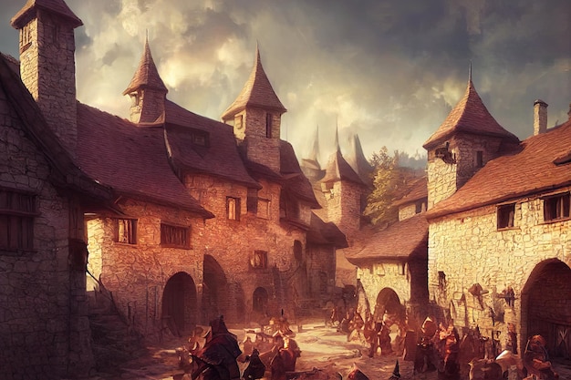 Foto una ilustración del pequeño pueblo medieval de fantasía medieval fantasy