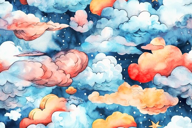 Ilustración perfecta de un patrón de lindas nubes de tonos pastel IA generativa