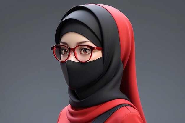 Ilustración de perfil de chica en 3D con ropa roja, hijab negro y gafas