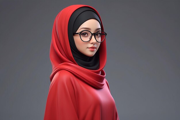 Ilustración de perfil de chica en 3D con ropa roja, hijab negro y gafas