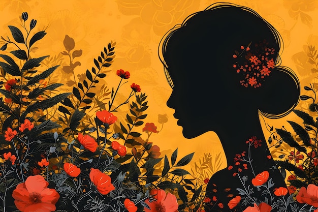 Ilustración de perfil de dibujo de una niña con flores de amapola IA generativa