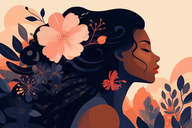 Ilustración del perfil de una mujer con flores púrpuras en el cabello